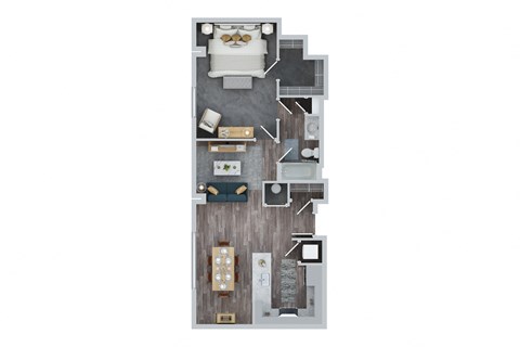 Floor plan for 1 bed, 1 bath, 755 sqft